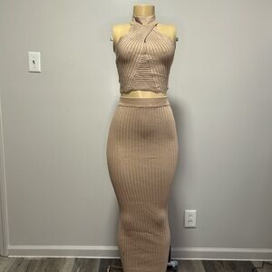 Elegant Tan Ribbed Skirt Set